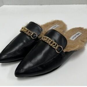 Parker Black Mules with Tan Faux Fur and Gold Chain